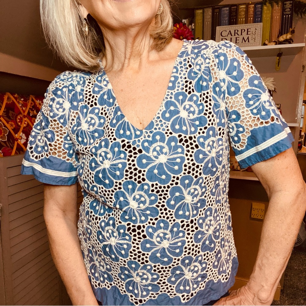46. CAbi Blue and White Eyelet Top
